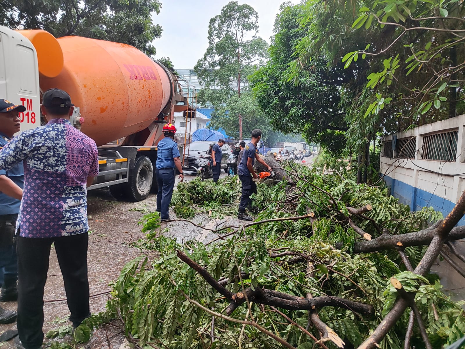 Satgas Kecamatan Jatiuwung bersama tim BPBD Kota Tangerang evakuasi pohon tumbang di Jl. Pajajaran Kel.Gandasari